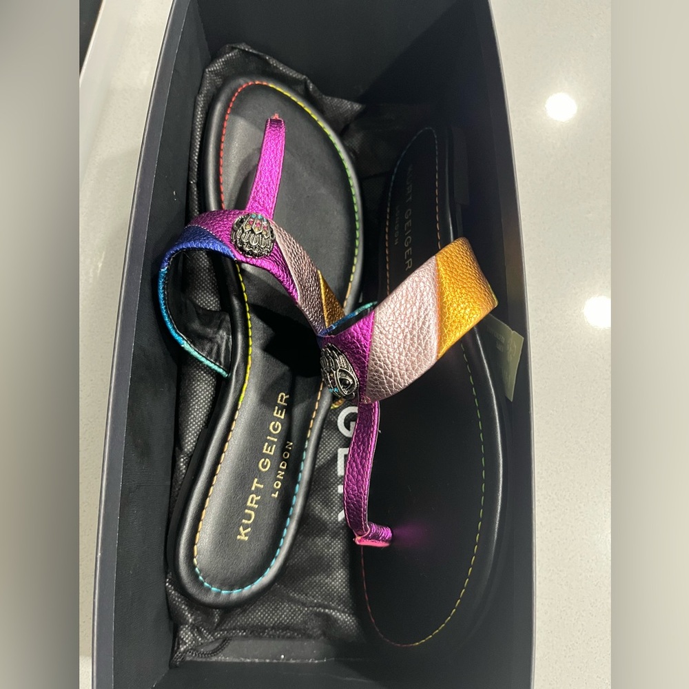 Kurt Geiger Kensington Metallic Rainbow Leather T Sandals. Brand new in box